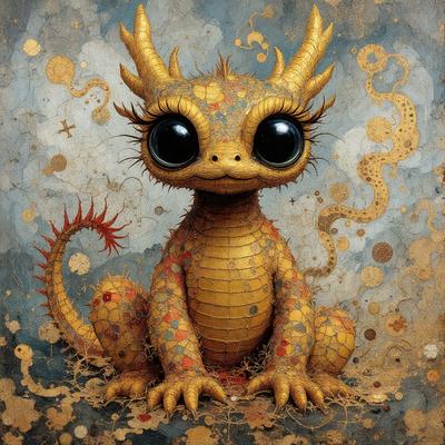 The primary subject of the image is a small, yellow, dragon-like creature with big eyes. It is sitting on a surface that appears to be a mix of paint and a patterned background. The visual style of the image is a combination of digital art and illustration, giving it a unique and creative appearance. The dominant colors in the image are yellow and orange, with the dragon's eyes being a striking blue. The overall atmosphere of the image is whimsical and imaginative.